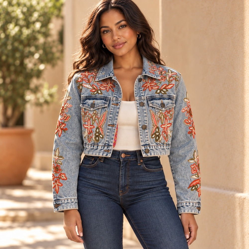 POL Denim Jacket Beaded Floral Embellished Cropped Womens M Light Wash Pink